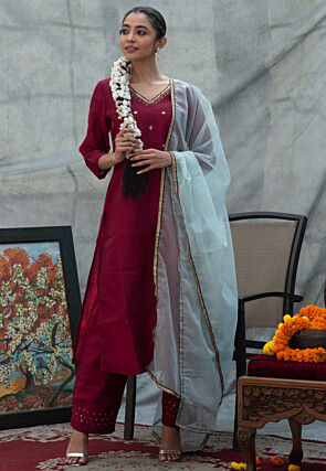 Hand Embroidered Art Silk Pakistani Suit in Wine