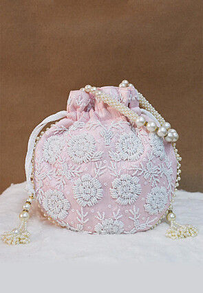 Hand Embroidered Art Silk Potli Bag in Baby Pink