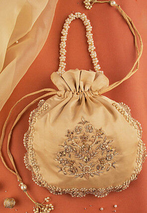 Hand Embroidered Art Silk Potli Bag in Beige