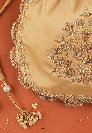 Hand Embroidered Art Silk Potli Bag in Beige