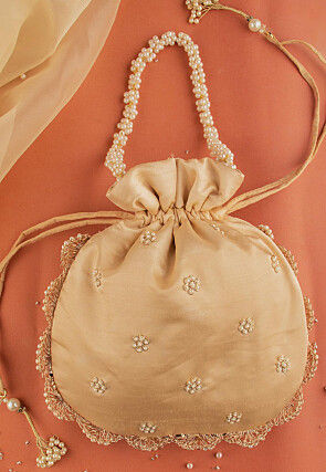 Hand Embroidered Art Silk Potli Bag in Beige