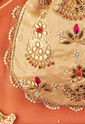 Hand Embroidered Art Silk Potli Bag in Beige