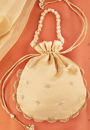 Hand Embroidered Art Silk Potli Bag in Beige