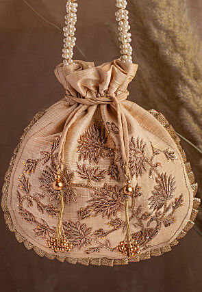 Hand Embroidered Art Silk Potli Bag in Beige