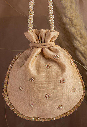 Hand Embroidered Art Silk Potli Bag in Beige