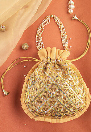 Hand Embroidered Art Silk Potli Bag in Beige