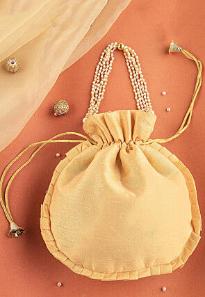 Hand Embroidered Art Silk Potli Bag in Beige