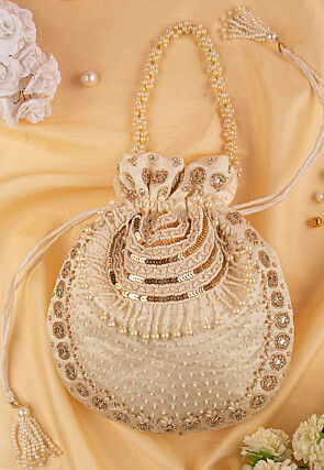 Hand Embroidered Art Silk Potli Bag in Beige