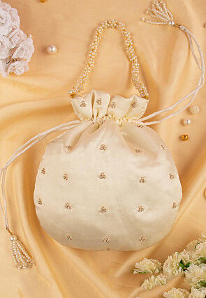 Hand Embroidered Art Silk Potli Bag in Beige