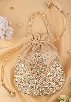 Hand Embroidered Art Silk Potli Bag in Beige