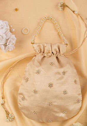 Hand Embroidered Art Silk Potli Bag in Beige