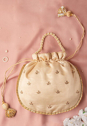 Hand Embroidered Art Silk Potli Bag in Beige
