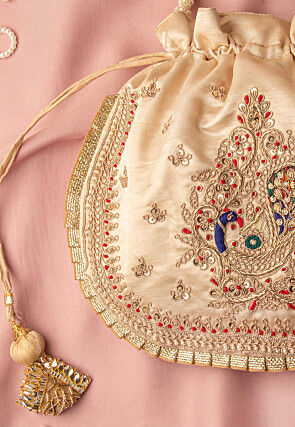Hand Embroidered Art Silk Potli Bag in Beige