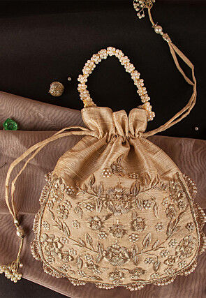Hand Embroidered Art Silk Potli Bag in Beige