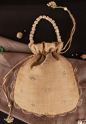 Hand Embroidered Art Silk Potli Bag in Beige