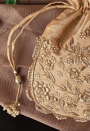 Hand Embroidered Art Silk Potli Bag in Beige
