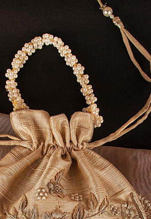 Hand Embroidered Art Silk Potli Bag in Beige