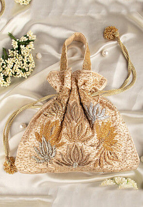 Hand Embroidered Art Silk Potli Bag in Beige