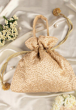 Hand Embroidered Art Silk Potli Bag in Beige