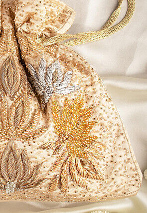 Hand Embroidered Art Silk Potli Bag in Beige