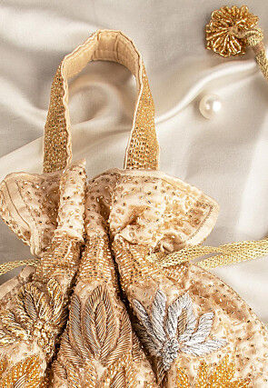 Hand Embroidered Art Silk Potli Bag in Beige
