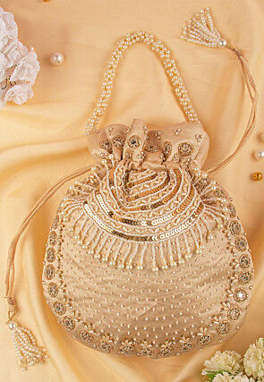 Hand Embroidered Art Silk Potli Bag in Beige