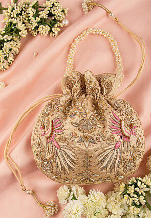 Hand Embroidered Art Silk Potli Bag in Beige