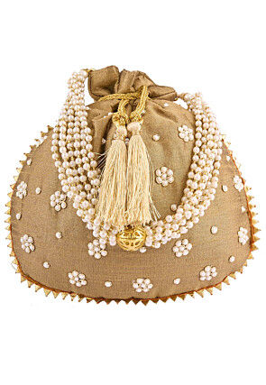 Hand Embroidered Art Silk Potli Bag in Beige