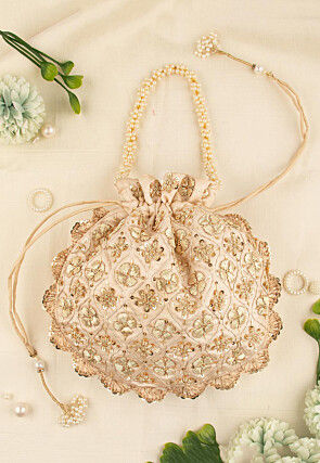 Hand Embroidered Art Silk Potli Bag in Beige