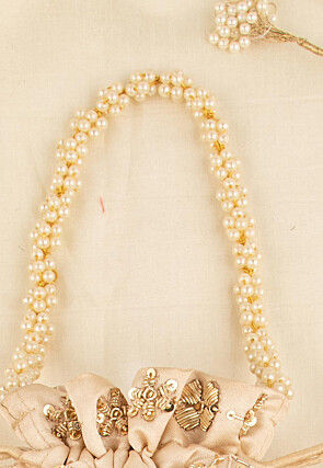 Hand Embroidered Art Silk Potli Bag in Beige