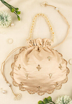 Hand Embroidered Art Silk Potli Bag in Beige