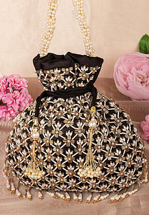 Hand Embroidered Velvet Potli Bag in Black
