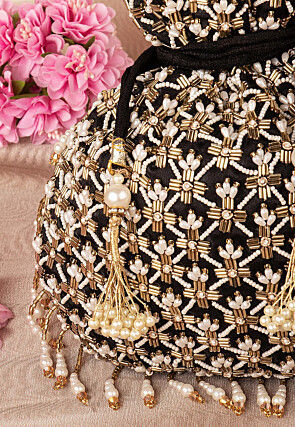 Hand Embroidered Velvet Potli Bag in Black