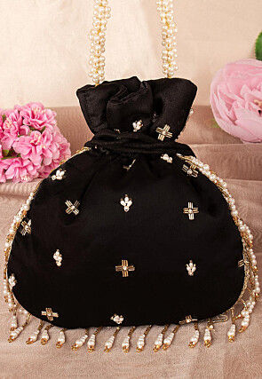 Hand Embroidered Velvet Potli Bag in Black