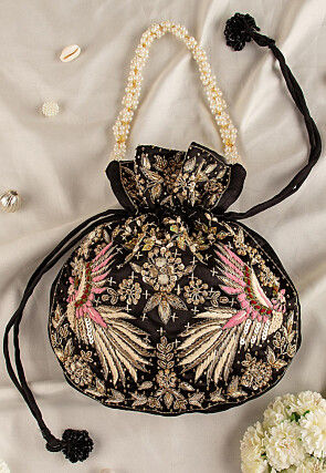 Hand Embroidered Art Silk Potli Bag in Black