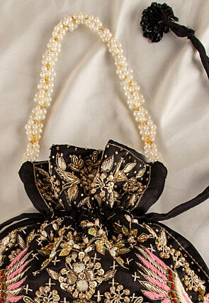 Hand Embroidered Art Silk Potli Bag in Black