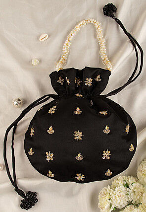 Hand Embroidered Art Silk Potli Bag in Black