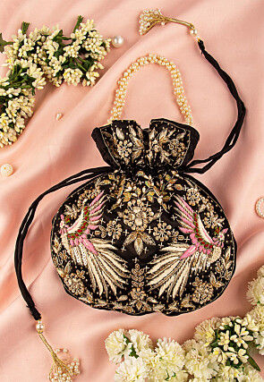 Hand Embroidered Art Silk Potli Bag in Black