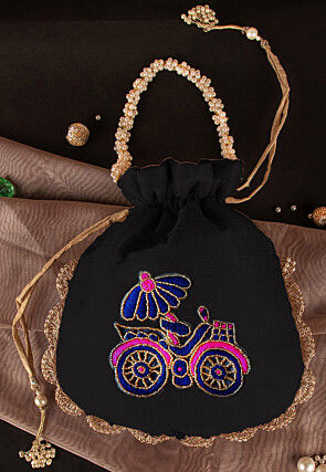 Hand Embroidered Art Silk Potli Bag in Black