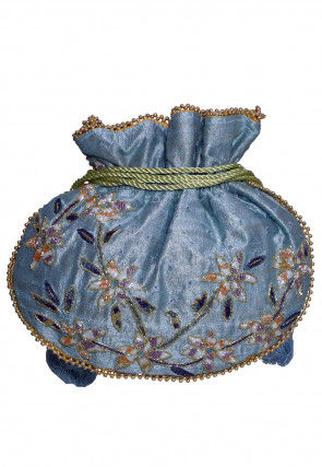 Hand Embroidered Art Silk Potli Bag in Blue