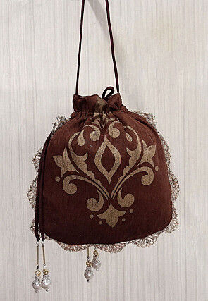 Hand Embroidered Art Silk Potli Bag in Brown