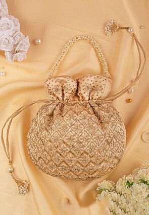 Hand Embroidered Art Silk Potli Bag in Dark Beige