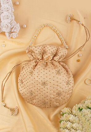 Hand Embroidered Art Silk Potli Bag in Dark Beige