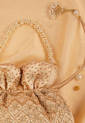 Hand Embroidered Art Silk Potli Bag in Dark Beige