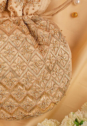 Hand Embroidered Art Silk Potli Bag in Dark Beige