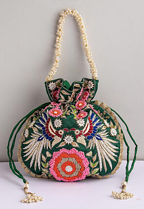 Hand Embroidered Art Silk Potli Bag in Dark Green