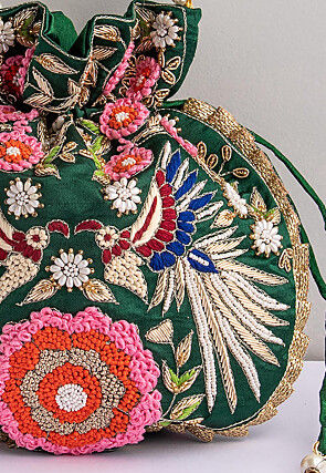 Hand Embroidered Art Silk Potli Bag in Dark Green