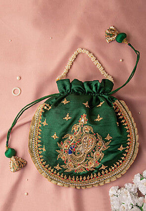 Hand Embroidered Art Silk Potli Bag in Dark Green