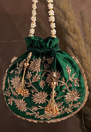 Hand Embroidered Art Silk Potli Bag in Dark Green