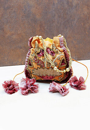 Hand Embroidered Art Silk Potli Bag in Dark Mustard